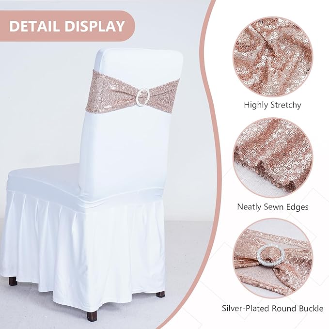 SquarePie Pack of 10 Sequin Chair Sashes Bands Glitter Rose Gold Double-Sided Sequins Stretch Chair Cover Bows with Buckle Slider for Wedding Party Fiesta Banquet Decor