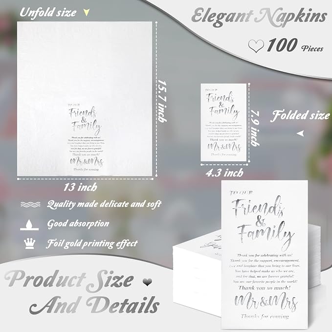 200 Pcs Wedding Napkins Mr & Mrs Dinner Napkins for Reception Disposable Decorative Towels for Wedding Shower Banquet Rehearsal Dinner Decor (Silver)