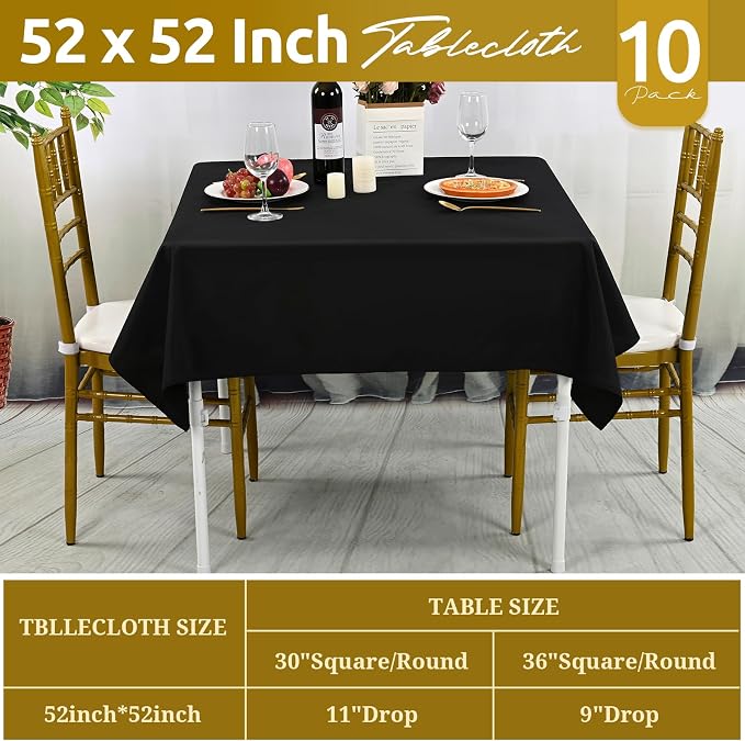 fani 10 Pack Square Tablecloth 52 x 52 Inch, Black Tablecloth for Square Table, Stain and Wrinkle Resistant Washable Polyester Table Cloth, Decorative Fabric Table Cover for Wedding Buffet Parties