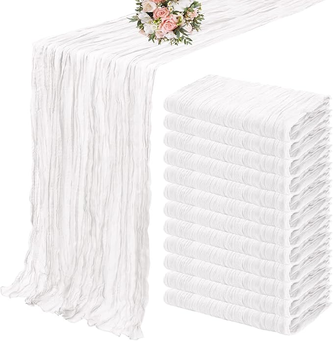12 Pack Cheesecloth Table Runner 35 x 120 inch Long Boho Cheese Cloth Gauze Table Runners Semi Sheer Table Runner for Wedding Decor, Bridal Shower, Birthday Party (White)