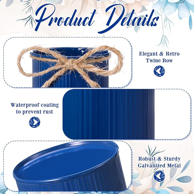 Rustic Vase for Table Centerpieces 4.33 Inch Small Petite Flower Vase with Twine Bow Vintage Farmhouse Decor for Wedding Reception Dining, Home Galvanized Metal Buckets(Dark Blue,12 Pcs)