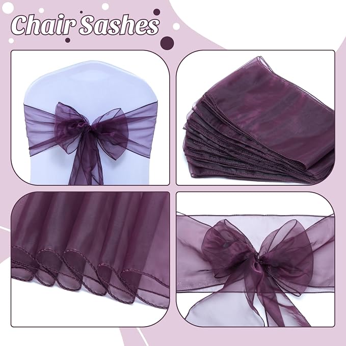 MDS® Pack of 250 Organza Chair Sashes for Wedding Decoration, Reusable Sheer Chair Bows for Banquet Chair Cover, Reception, Bridal Shower, Baby Shower, Birthday Party & Special Events - Plum
