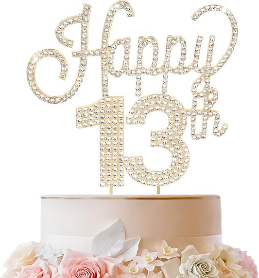 LINGTEER Happy 13th Birthday Gold Rhinestone Cake Topper - Cheers to 13th Birthday Thirteen Years Old Party Cake Centerpieces Topper Decorations Gift Sign.