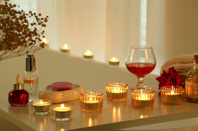 GOLDEAL 36Pcs Gold Glass Tealight Candle Holders Bulk,Thick Glass Tea Light Candle Holder Decor,Candlestick for Wedding Party (36, Gold)