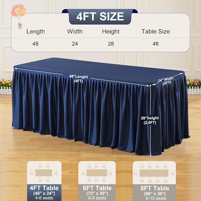 2 Packs Navy Blue Polyester Table Clothes for 4 Foot Rectangle Tables, Wrinkle Free Fitted Table Cover 4ft Stretch Tablecloths with Skirt for Parties Weddings Birthday Banquet Baby Shower