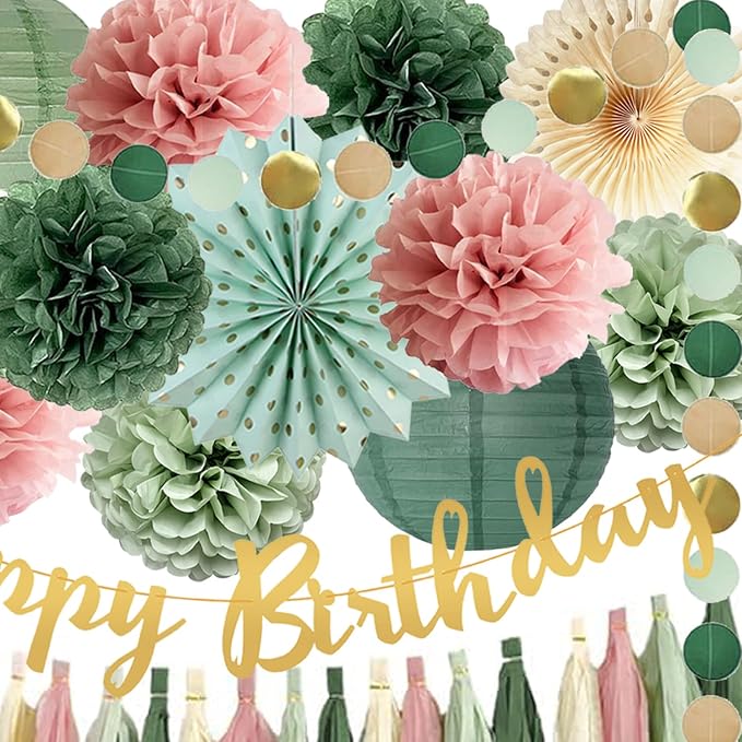 Sage Green and Pink Happy Birthday Party Decorations Dusty Pink Sage Green Tissue Pom Poms Paper Lanterns Beige Paper Fans Tassel Garlands for Women Girls Birthday Baby Shower Decoration