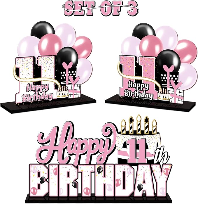 LINGTEER Happy 11th Birthday Pink Acrylic Table Topper Centerpieces Set - Cheers to 11 Years Old Birthday Eleven Bday Party Gift Decorations.