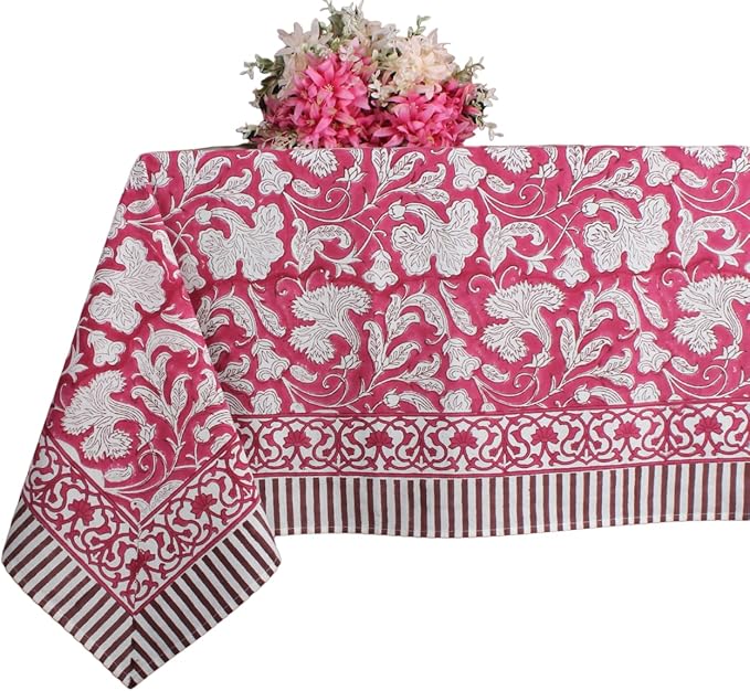 Ridhi Deep Pruce Red Hand Block Print Cotton Rectangle Tablecloth 160" x 72" inches Reusable Table Cover Decorative Everyday Use for Dining Room, Farmhouse, Home Gift for Spring, Mother's Day