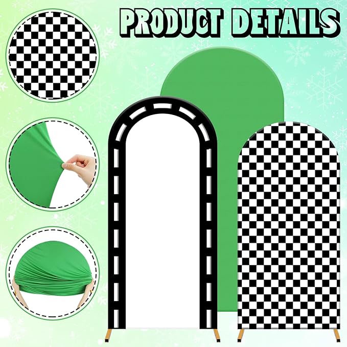 Foilswirl 34 Pcs Arch Backdrop Covers Monster Truck Party Decorations 4ft 5ft 6ft Monster Truck Checkered Backdrop with Green Purple Black Balloon Backgrounds for Birthday Party Supplies
