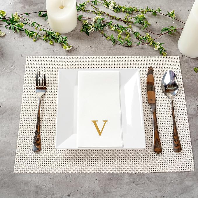 Luxenap 15.8 X 7.9 Inch Linen-Feel Guest Towels, 2000 Lettered Hand Towels - Gold Letter 'V', Sans Serif Font, White Paper Dinner Napkins, airlaid, For Restrooms And Tables