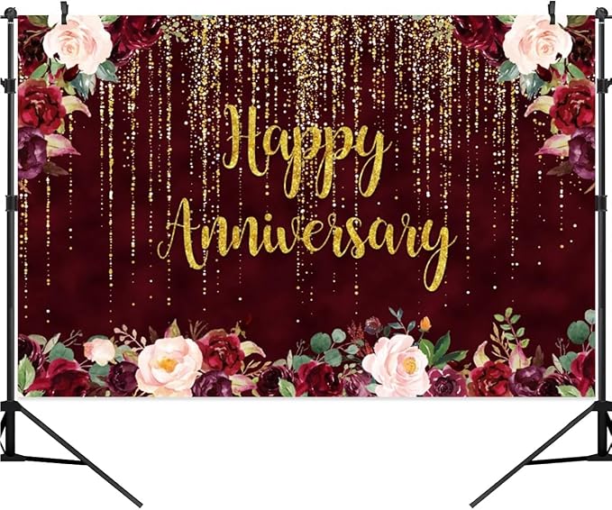 5x3ft Happy Anniversary Backdrop, Gold Glitter Burgundy Wedding Anniversary Photography Background 1st 40th 50th 60th Couple Wedding Women Birthday Floral Party Decorations Cake Table Decor