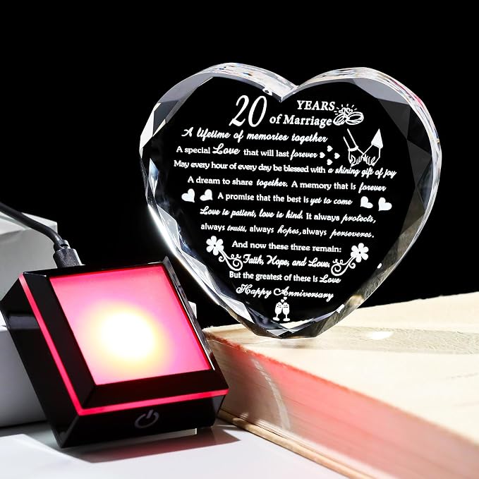 Arikyrist 20th Anniversary Crystal Heart Gifts for Wife Husband, Laser Engraved Romantic 20 Year Wedding Anniversary Keepsake Gifts Ideas for Her Him, 20 Years of Marriage Gift for Couples Friends