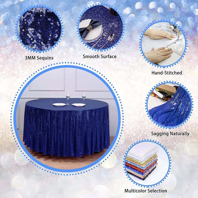 132 Inch Round Navy Blue Sequin Tablecloth, Metallic Large Glitter Sparkle Table Cloth for Dining Banquet Table, Sequin Table Linen for Graduation Wedding Party Decorations
