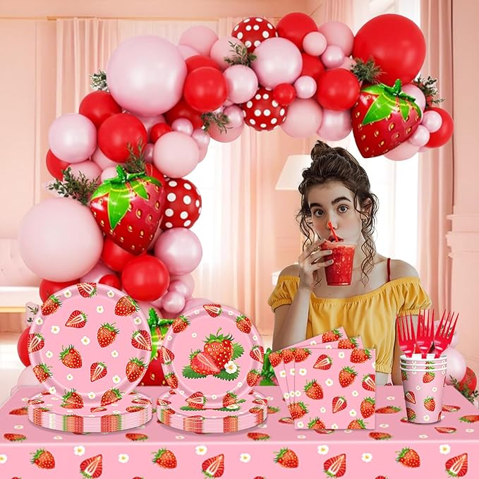 229Pcs Strawberry Birthday Party Decorations,Strawberry Party Supplies Balloon Arch,Strawberry Decor Tableware Set Plates Fork Cups Napkins and Tablecloth