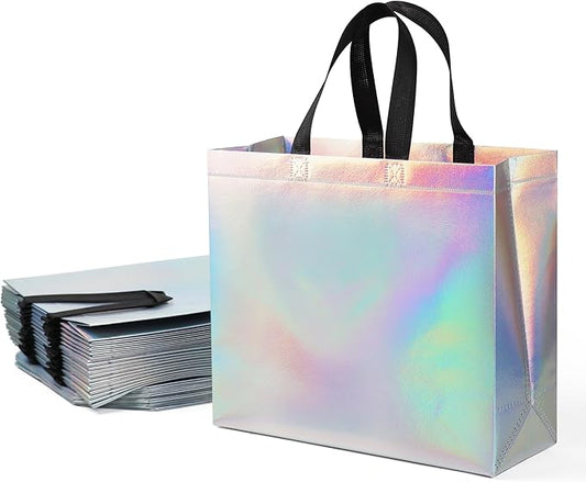 huichuan 25 Pack Iridescent Reusable Gift Bags with Handles Bulk, Holographic Rainbow Tote Bag for Women Kids, Eco-Friendly Non-Woven Party Favor Goodie Bags for Birthday, Valentine, Baby Shower, Wedding Treats