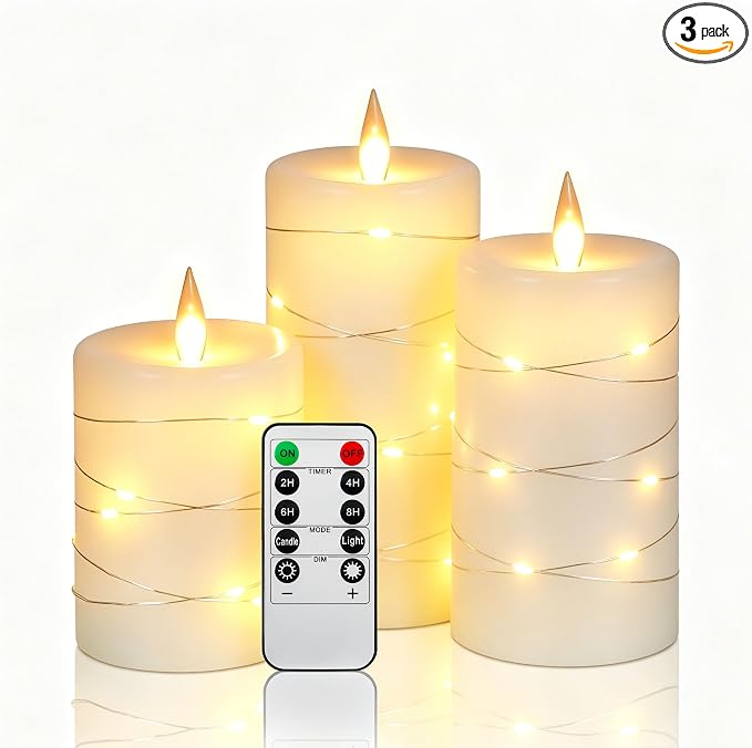 Da by 3 Pack Ivory Real Wax Flameless Taper Candles, Lifelike Flickering LED Flame Candles with Surrounding Copper String Lights, Soft Warm Battery Candles with Remote for Home Wedding Holiday Decor