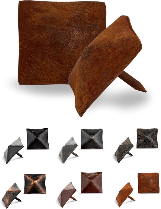 100 Pack 1.25" Square Head Iron Clavos Decorative Nails – Rusted – Handmade Rustic Square Fasteners for Farmhouse Shutters, Faux Wood, Barn Doors, Shutters, and Gates – Ornamental Wood Accent