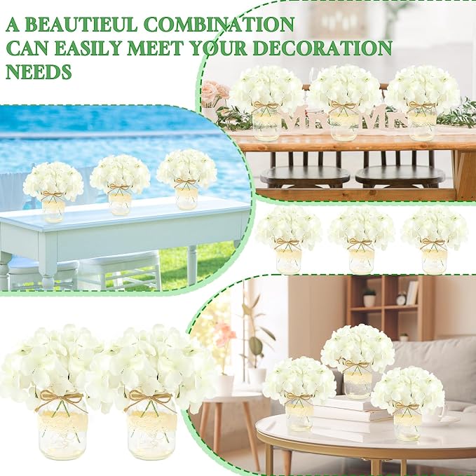 Mason Jar Table Centerpiece Set of 6 With White Hydrangea artificial Flowers for Engagement Party Bridal Shower Centerpieces Wedding Christmas Thanksgiving Party Reception Table Decor