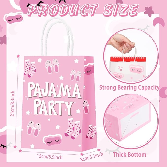 Outus 24 Pcs Sleepover Party Paper Bags Pink Slumber Glamper Pajama Favor Bags with Handle for Birthday Sleepover Breast Cancer Awareness Party Favors
