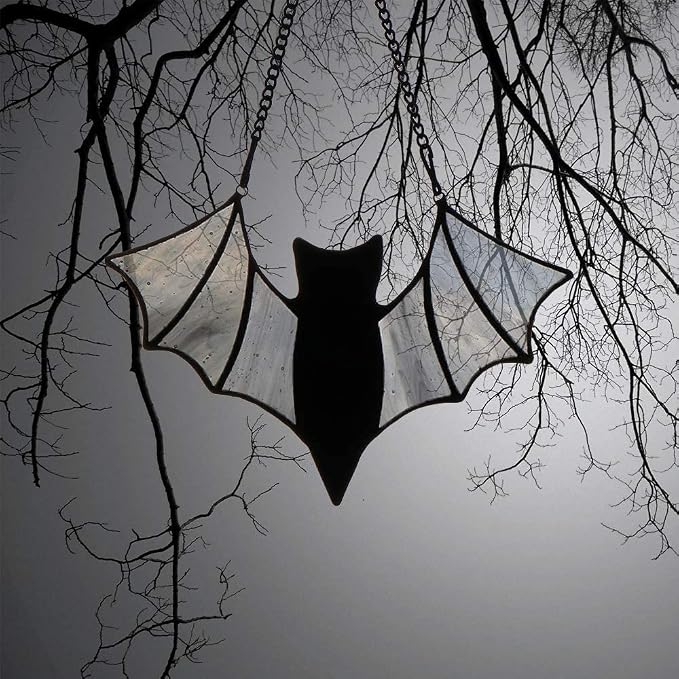 Halloween Bat Decoration Stained Glass Window Hangings - Bat Suncatcher Ornaments Spooky Bats Craft Window Decor Gifts(3.9"×3.9")