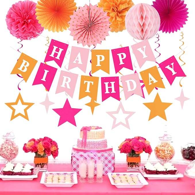Hot-Pink Orange Fall Birthday Party-Decorations - 19pcs Autumn Summer Women Girls Streamers Banner,Paper Star Garland Lanterns Honeycomb Fan,Tissue Pom Poms,Wall Ceiling Backdrop Supplies Ouruola