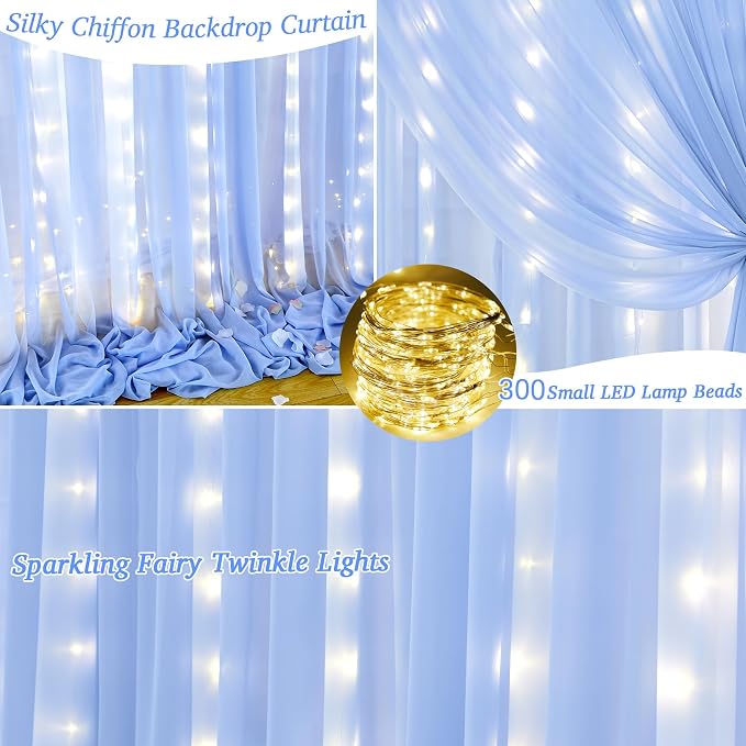 20ft x 10ft Baby Blue Chiffon Backdrop Curtain with Lights String for Parties,4 Panels Sheer Tulle Curtain Wedding Backdrop for Baby Shower Birthday Party Ceremony Reception Home Decorations