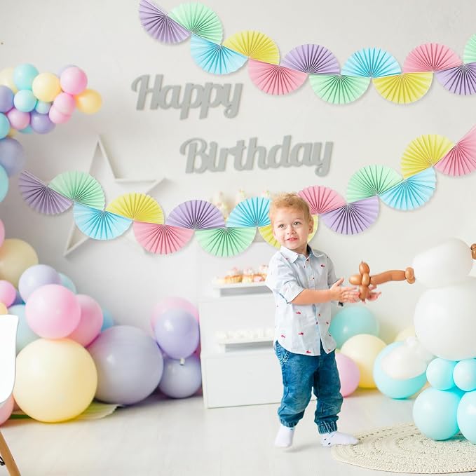 3 Pack Wedding Paper Fans Garland 15.6ft Colorful Background Ceiling Hanging Decorations Paper Garland Decorations Set for Birthday Party Supplies 3D Bachelorette Party Decorations (Pastel)