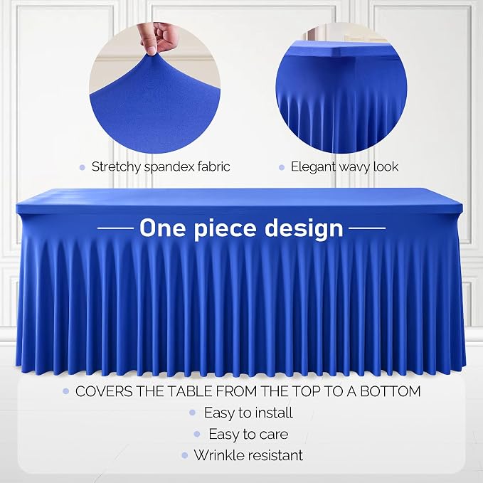 2 Packs Royal Blue Table Clothes for 4 Foot Rectangle Tables, One-Piece Wrinkle Resistant Stretch Spandex Table Covers with Skirt for Event Banquet Wedding Birthday Party