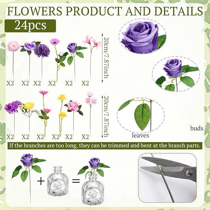 36 Pcs Artificial Flowers Table Centerpiece with Vases Colorful Wildflower Centerpieces Silk Flower Arrangement for Wedding Baby Shower Table Centerpieces Party(Elegant Grace,Clear)