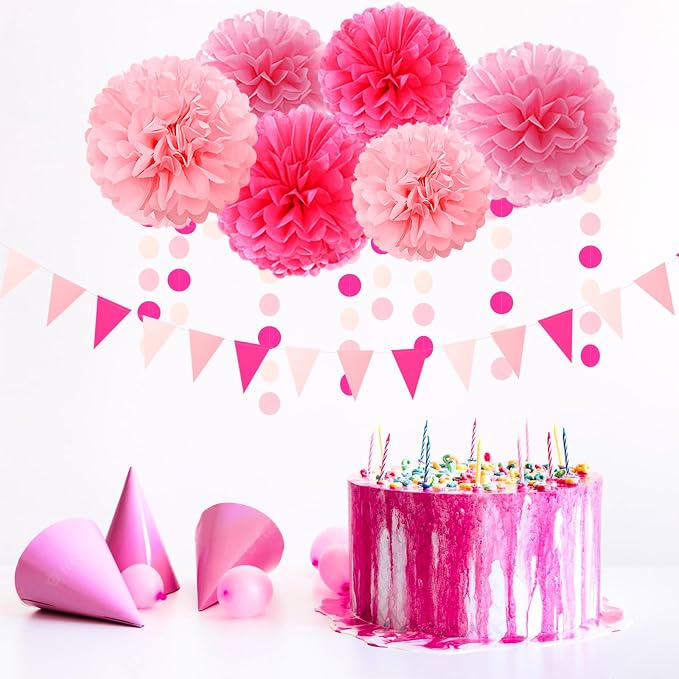 Galentines Valentines-Day Hot-Pink Party-Decorations - 23pcs Girl Birthday Baby Shower Tissue Pom Poms Streamers, Bachelorette Bridal Wedding Engagement Supplies Tassel Garland Banner Decor Ouruola