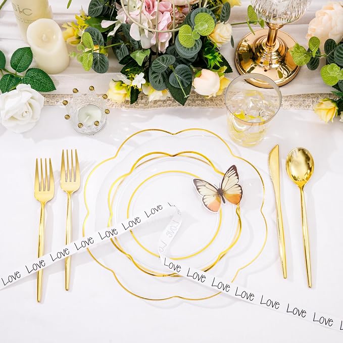 ejonirinjonir EI 180pcs Clear Plastic Plates with Gold Plastic Silverware, Plate for Party,Clear Dinnerware Set,Heavy Duty Plate for Wedding,Afternoon Tea,Spring,Mother's Day,Valentine's Day,Easter