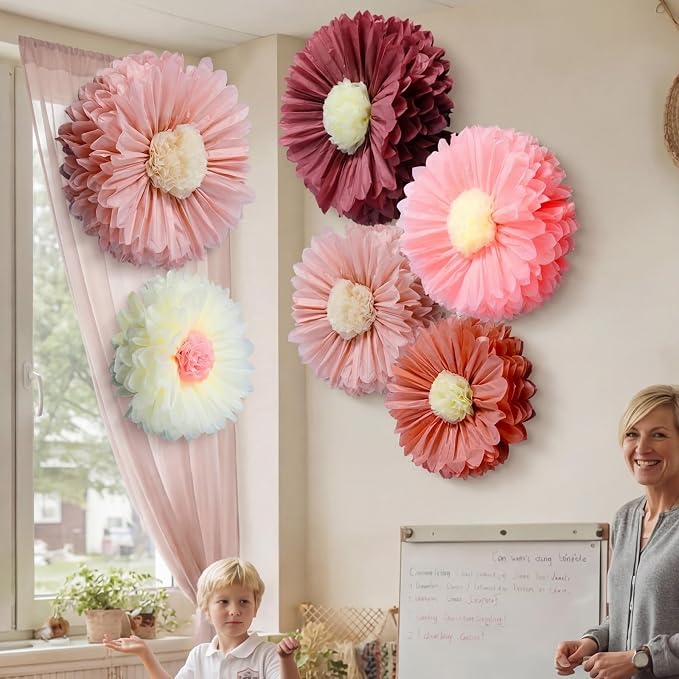 Giegxin 6 Pcs 31.5", 24" Pink Giant Paper Flower Boho Large Tissue Paper Flower for Wall Big Pink Pom Pom Floral Decorations for Wedding Bridal Shower Tea Party Baby Shower Classroom Birthday Decor