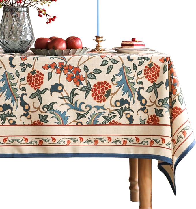 patdrea Elegant French Linen Tablecloth,Rectangular,110"x63"-Puno | Luxurious Table Cloth for Rectangle Table,Vintage Colorful Floral Design,Dining Room Kitchen Tea Party Decorations