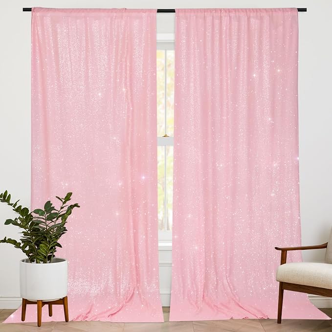 PartyDelight Pink Sequin Backdrop Curtains 5x10ft 2 Panels | 3mm stitched sequin curtain with 4 inch rod pocket for 5x10ft wide reception wall head table stage backdrop and event display