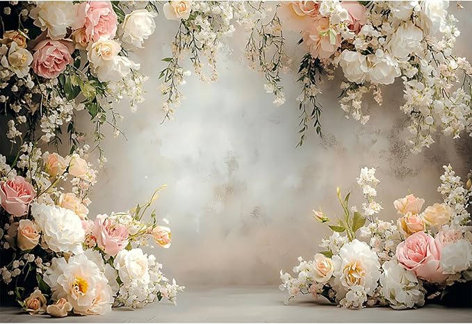 Baocicco 15x10ft Vinyl Flowers Wall Photography Backdrop Vinatage Wall White Pink Floral European Style Background Outdoor Wedding Birthday Party Banner Supplies Garden Home Decor Studio Props