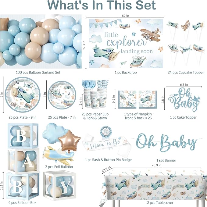 cocomigo Airplane Baby Shower Decorations for 25 Guests, 288PCS All-in-One Blue Baby Shower Decorations Boy Set with Banner, Balloon, Plates, Backdrop Cupcake Toppers & Centerpieces, Easy Setup