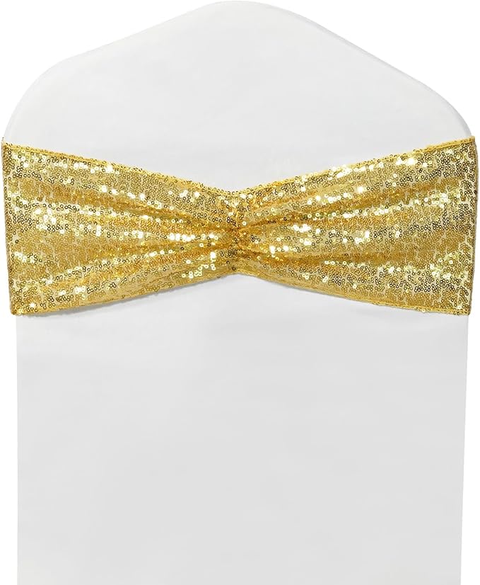 SquarePie Pack of 100 Chair Sashes Bands Gold Stretch Spandex One-Sided Sequin Chair Sashes Bows for Wedding Party Fiesta Decor