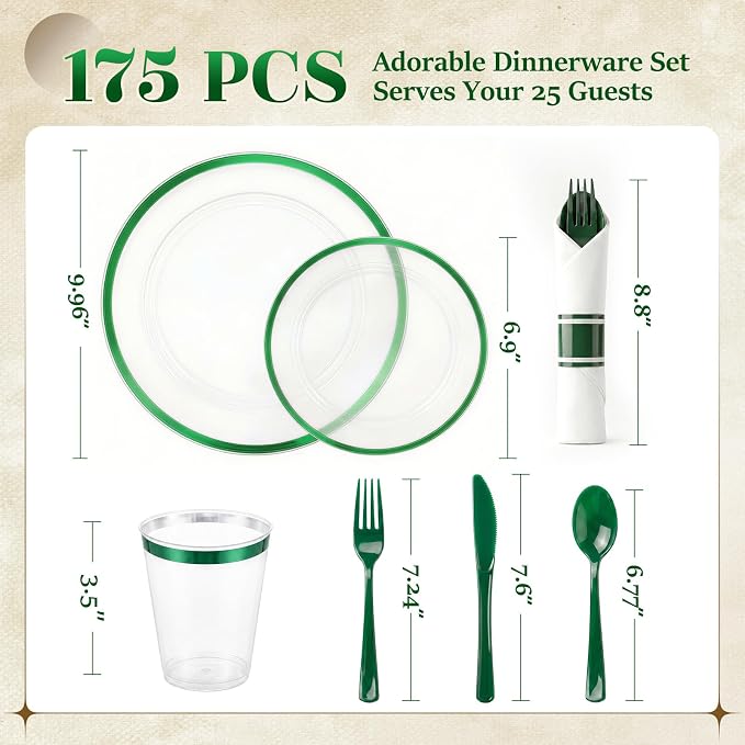 175pcs Plastic Plates for Party Clear & Green | Disposable Plastic Dinnerware Set for 25 Guests Include 50 Plastic Plates,25 Cups & 25 Pre Rolled Napkins with Cutlery Set