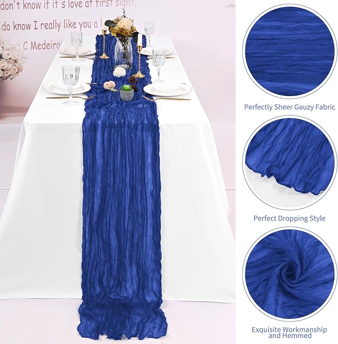 8 Pack Royal Blue Cheesecloth Table Runner 120 Inch 10FT Boho Rustic Sheer Gauze Cheese Cloth Table Runner for Wedding Baby Shower Birthday Party Table Decor