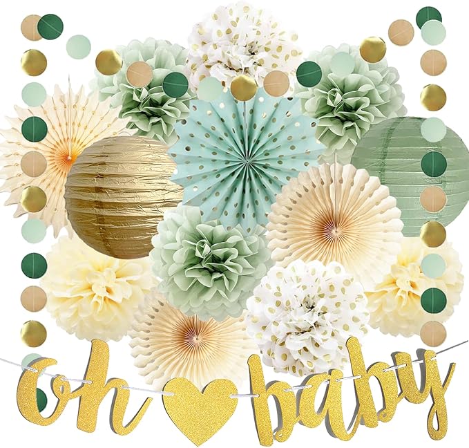 Sage Green Baby Shower Decorations Oh Baby Banner Tissue Paper Pom Poms Flowers Paper Fans Circle Dot Garland Neutral Party Supplies Boy Girl Gender Reveal Birthday Party Decorations