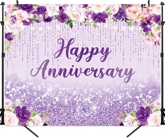 12x10ft Happy Anniversary Backdrop, Floral Glitter Backdrop for Women Wedding Anniversary Decoration Violet and Pink Flowers Photography Background Cake Table Banner Party Decor