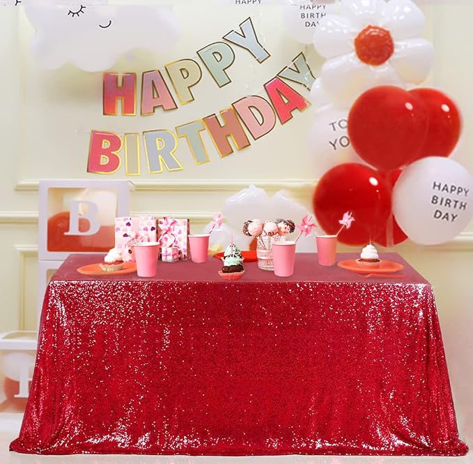 MoKoHouse Sequin Tablecloth Rectangular 90x132 Inch Red Table Cloth Seamless Glitter Fabric for Home Party Wedding Decor Christmas Decorations