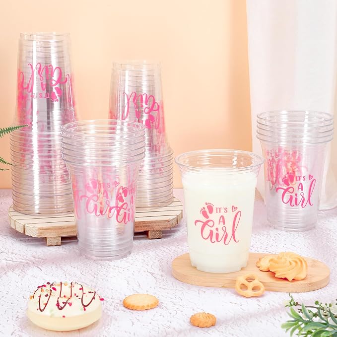 Whaline 50 Pcs Gender Reveal Girl Plastic Cups 16oz Baby Shower Clear Drinking Cups Pink It's A Girl Disposable Cup for Birthday Party Table Decoration Supplies