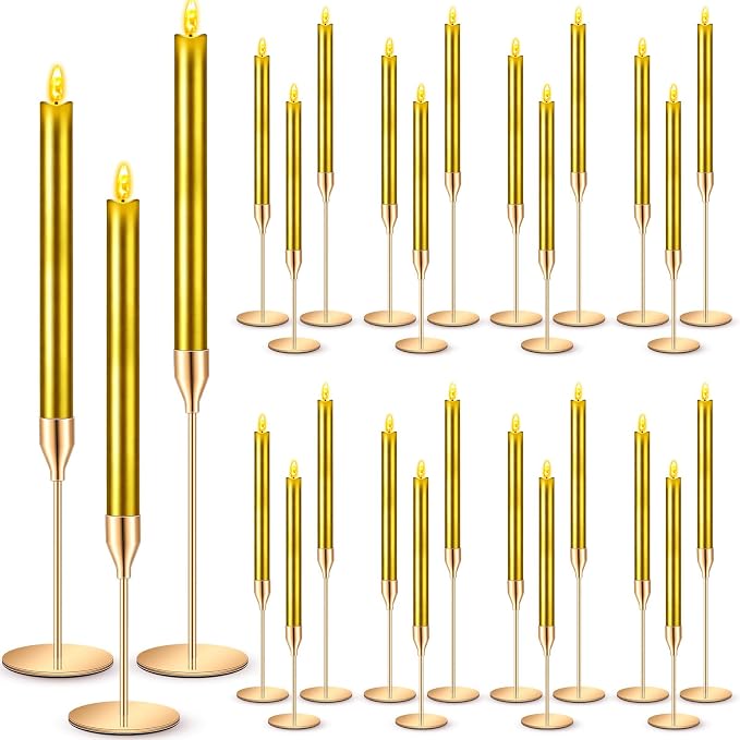 FillTouch 30 Pcs Gold Candlestick Holders with Flameless LED Candles Bulk Includes 15 Metal Candle Holders and 15 Battery Operated Gold Candles for Wedding Table Centerpieces Home Decor