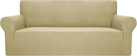 JIVINER High Stretch Couch Covers for 3 Cushion Couch, 1-Piece Jacquard Sofa Slipcovers Fitted Washable Sofa Covers with Elastic Bottom Furniture Protector for Kids Pets (Sofa, Champagne)