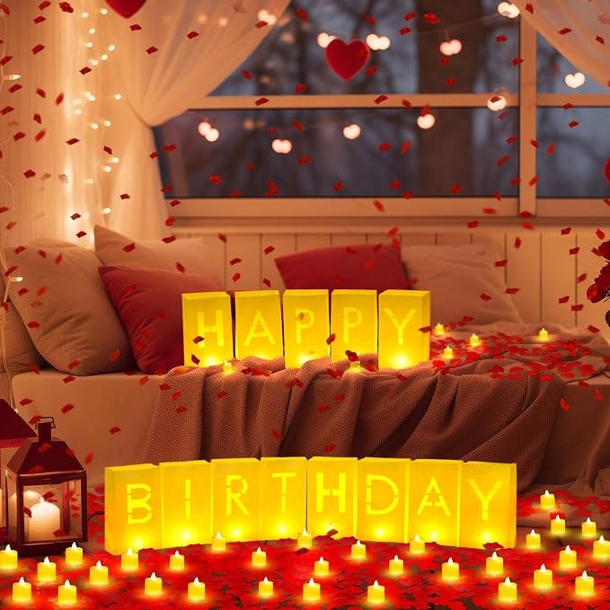 Aurelema 6085 Pcs Happy Birthday Light Up Letters with LED Flameless Tealight Candle Red Rose Petal Letter Luminary Paper Bag for Decoration Party Romantic Night Decor for Women Men