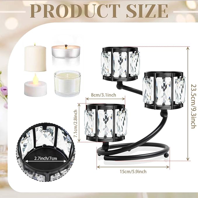 Metal 3 Arm Crystal Candle Holder - Tea Light Centerpiece Candle Holder, Votive Holder with Sparkling Crystal Bowl, Suitable for Wedding, Table Centerpiece, Home Decor (2, 3 arm-Black)
