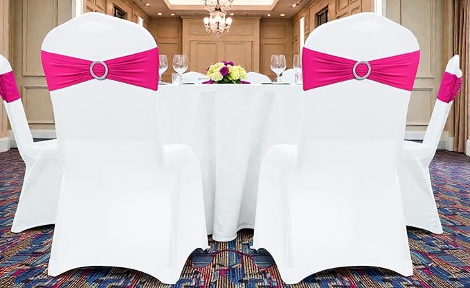 VDS - Magenta | Spandex Chair Sashes Bows | 50 PCS | Stretch Elastic Banquet Universal Folding Chair Band Tie with Silver Buckle Slider for Wedding Party Conference Celebration Event Decoration