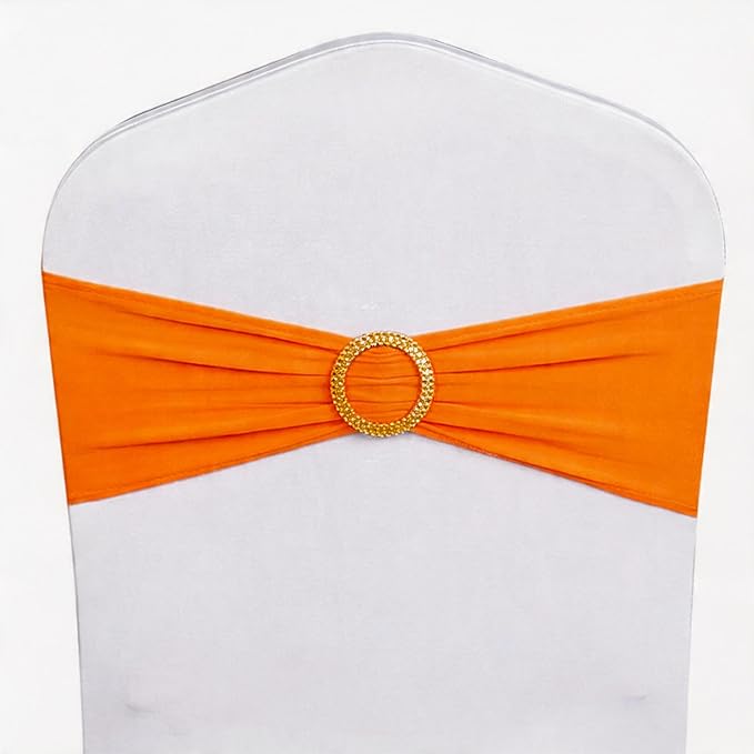 Pack of 50 Spandex Orange Chair Sashes with Gold Buckles, Stretch Chairs Sashes for Wedding Party Baby Shower Ceremony Event Decorations Chair Bands Bows (Orange Sashes, Gold Buckles)