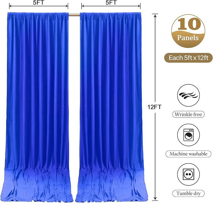 50ftx12ft Wrinkle Free Royal Blue Backdrop Curtain, 10 Panels 12FT Long Wedding Photo Backdrop Drapes, Silky Polyester Back Drop Cloth for Birthday Photography Background Party Backdrop Draping